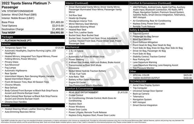 2022 Toyota Sienna Platinum 7 Passenger